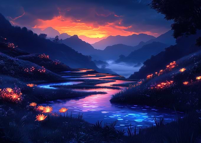 Dreamy Bioluminescent landscape at sunset