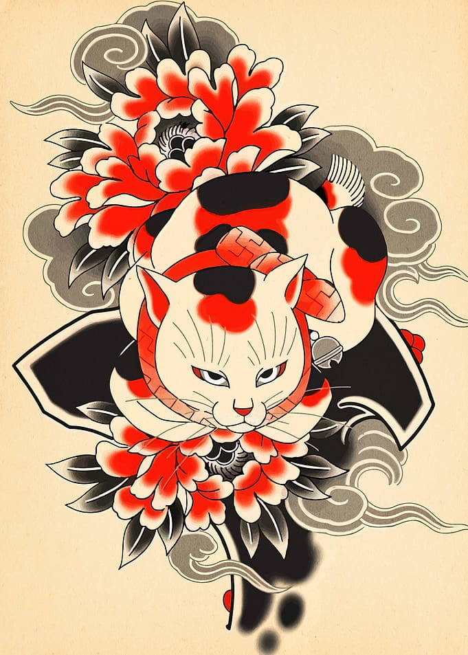 Japanese Tattoo Style Cat with Flowers