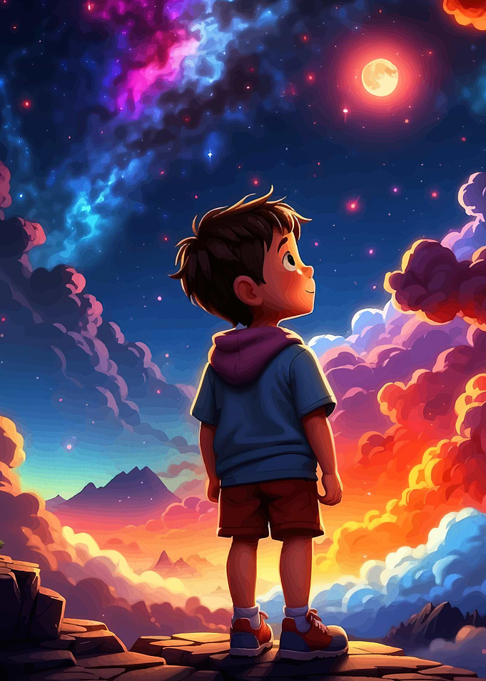 Boy Gazing Colorful Night Sky