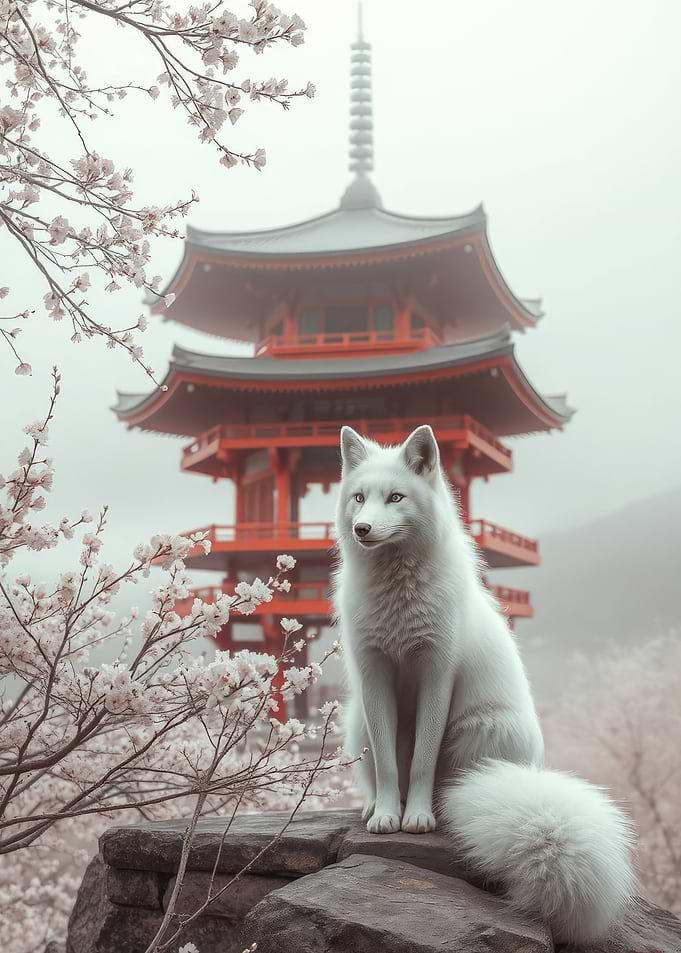 White Fox and Japanese Pagoda