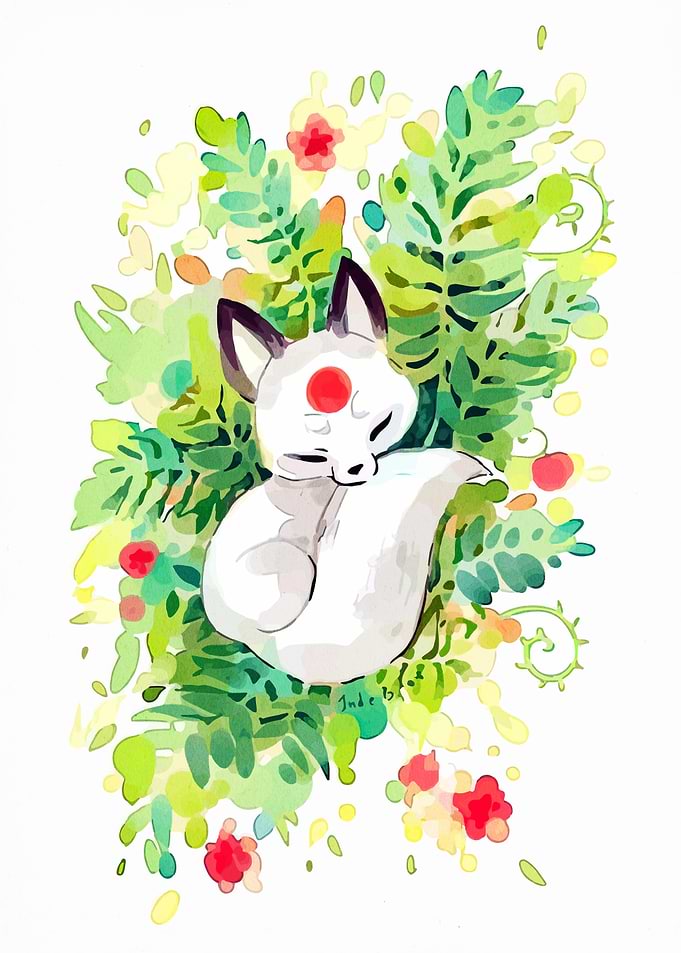 Sleeping Fox in Floral Watercolor