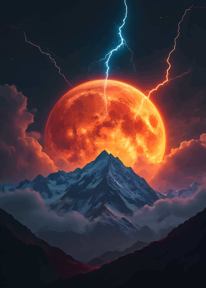 Blood Moon Over Mountain with Lightning
