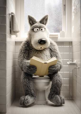 Wolf Reading on Toilet