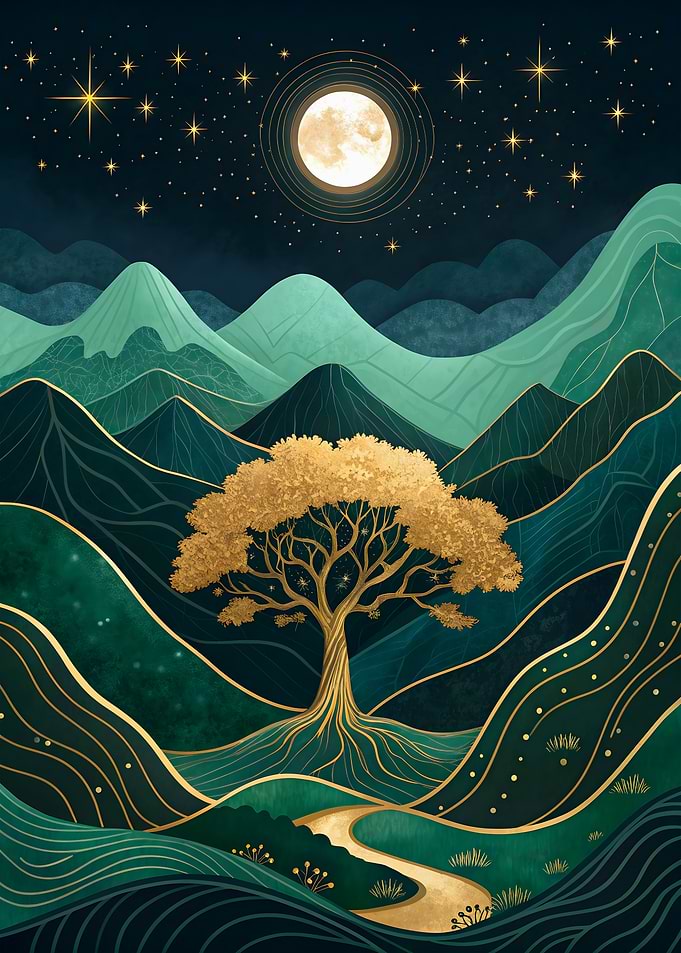 Emerald Moonlit Tree Art Print Golden Valley Landscape