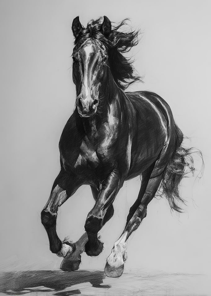 Charcoal Drawing of a Running Horse