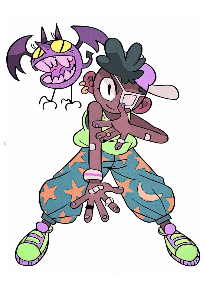 Cartoon character with bat companion