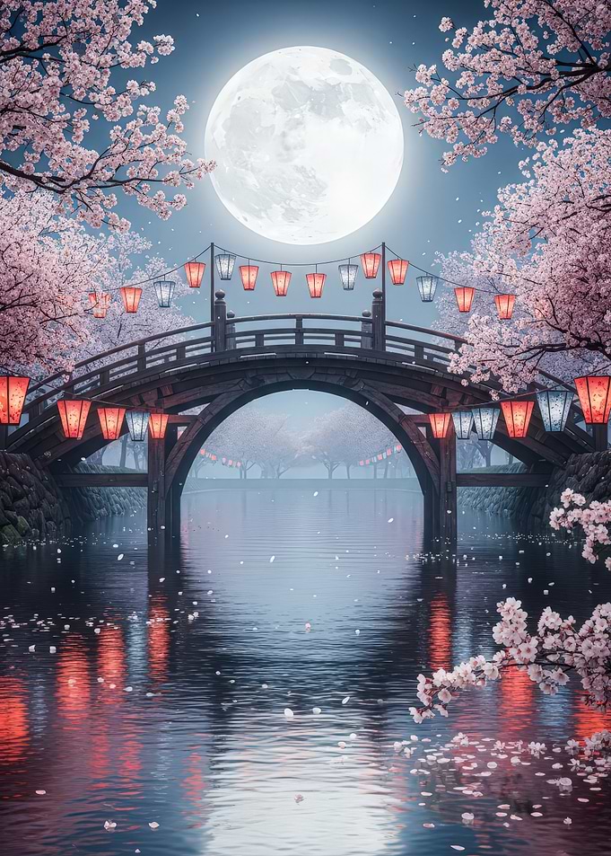 Japanese Bridge Under Moonlight