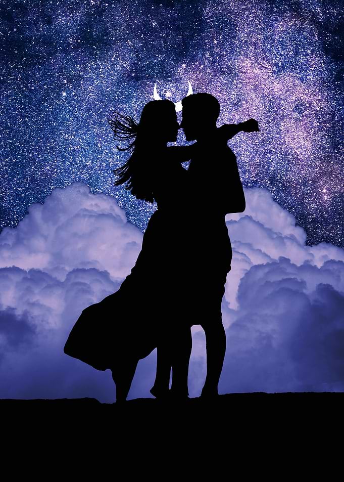 Silhouette Couple with Horns in Embrace