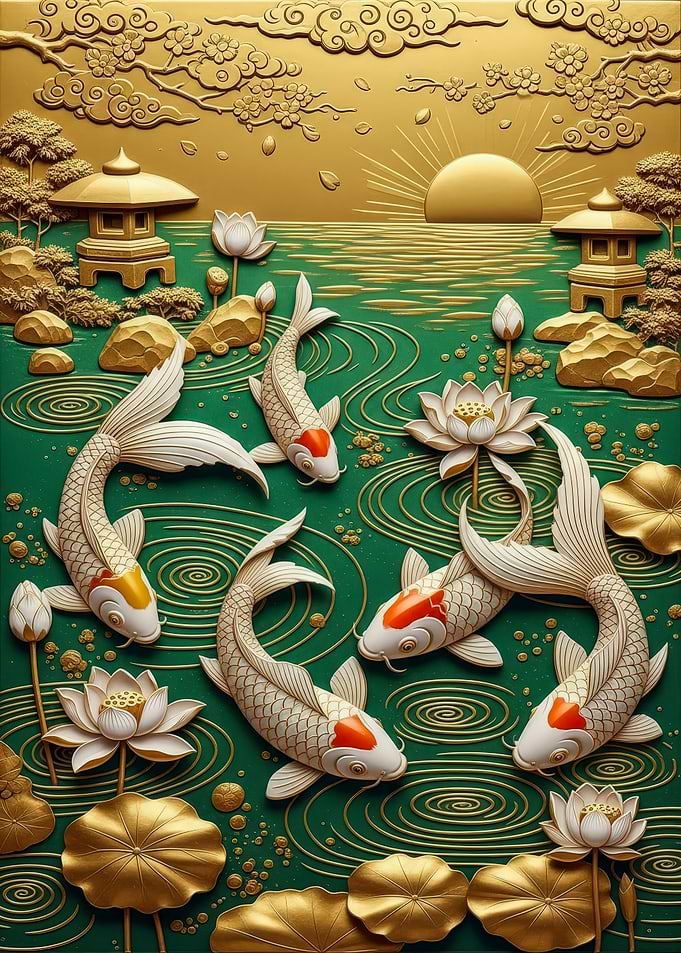 Koi Fish Pond Lotus Flowers