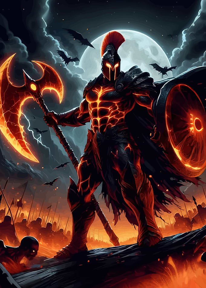 Fiery Spartan Warrior Axe and Shield