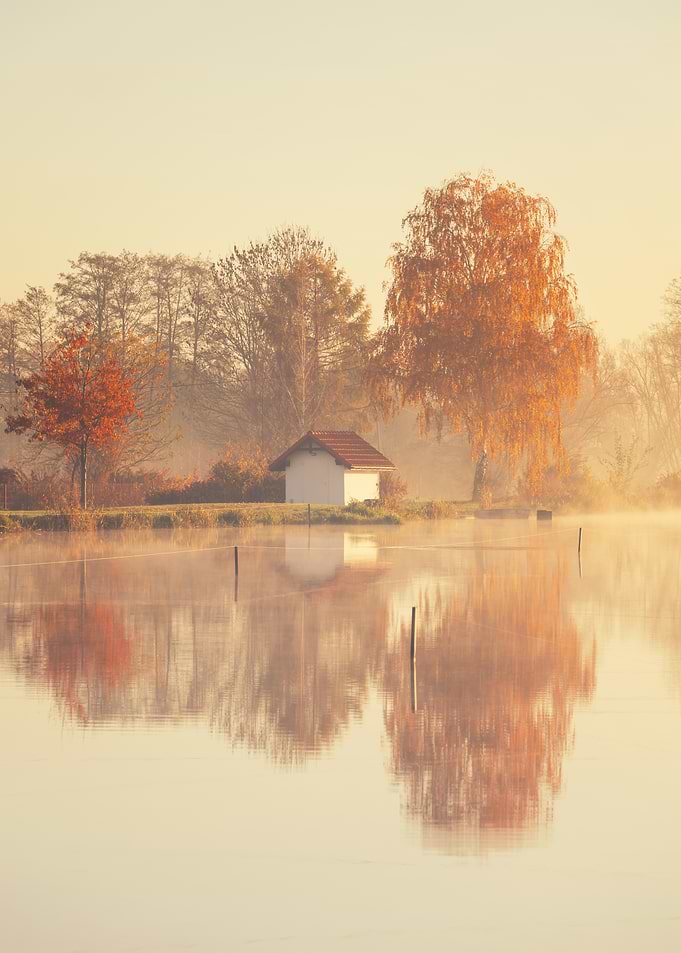 Misty Lake House Reflection
