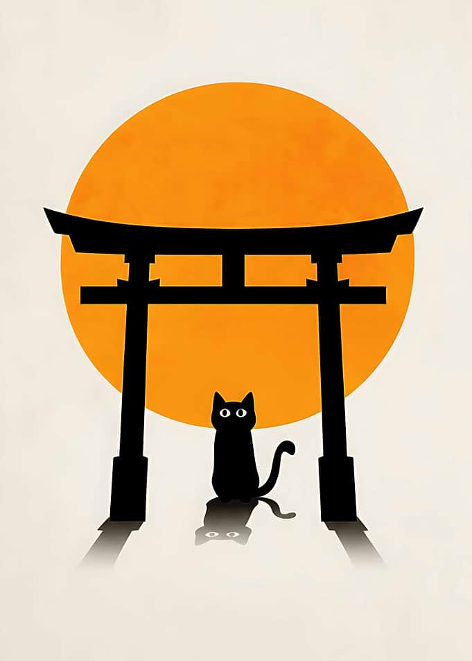 Black Cat Under Torii Gate Silhouette
