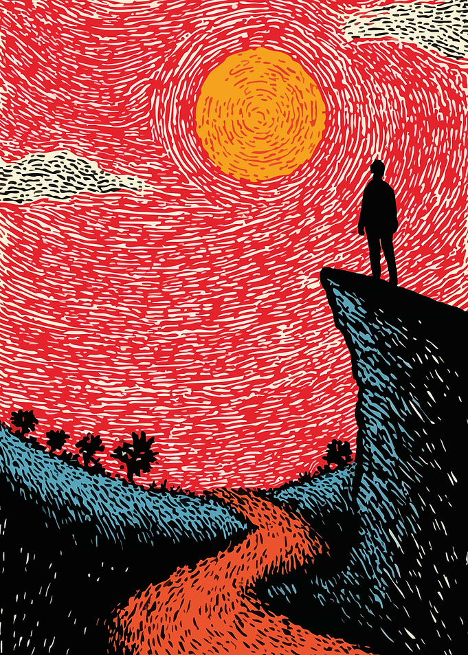 The Hermit on Cliff at Sunset