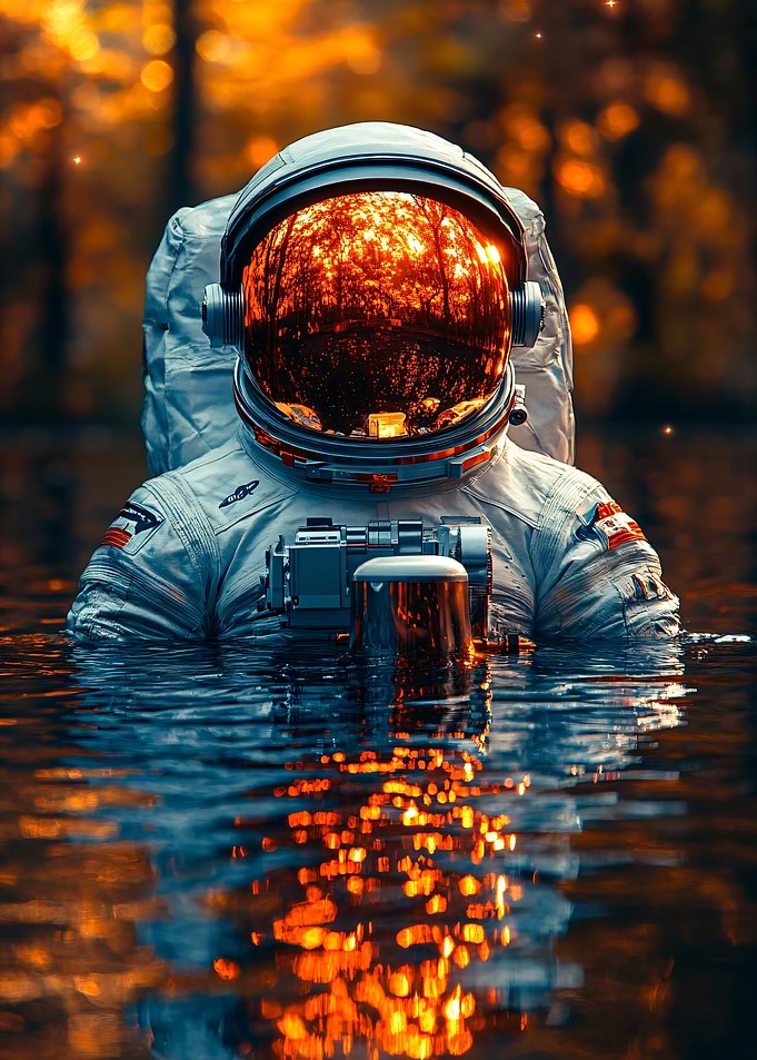 Astronaut in Water Reflecting Forest