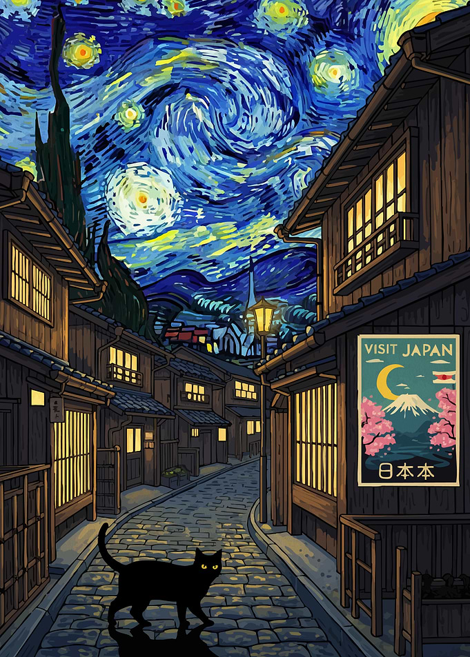 Starry Night Japan Cat