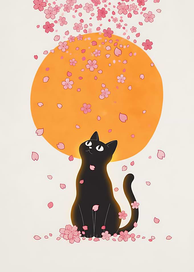 Black cat under cherry blossom moon