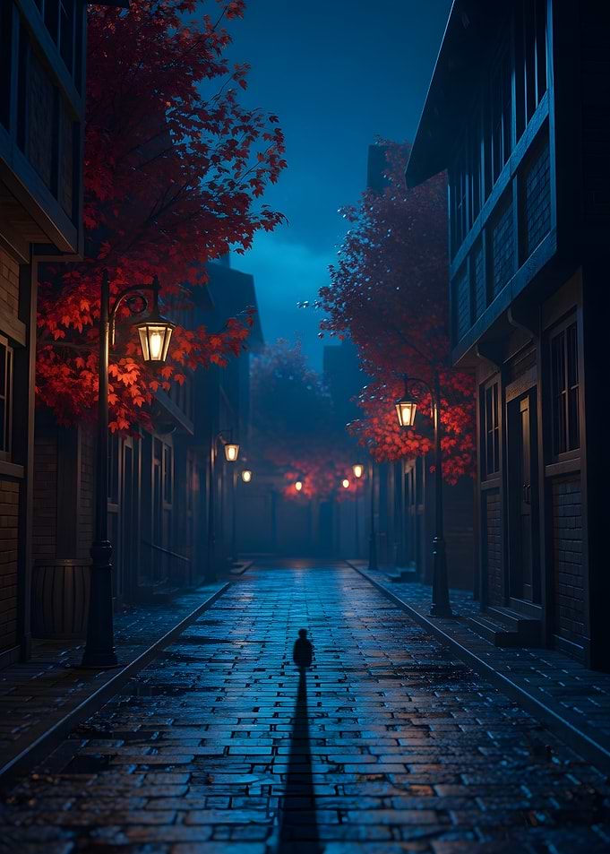 Night Street with Figure and Lanterns