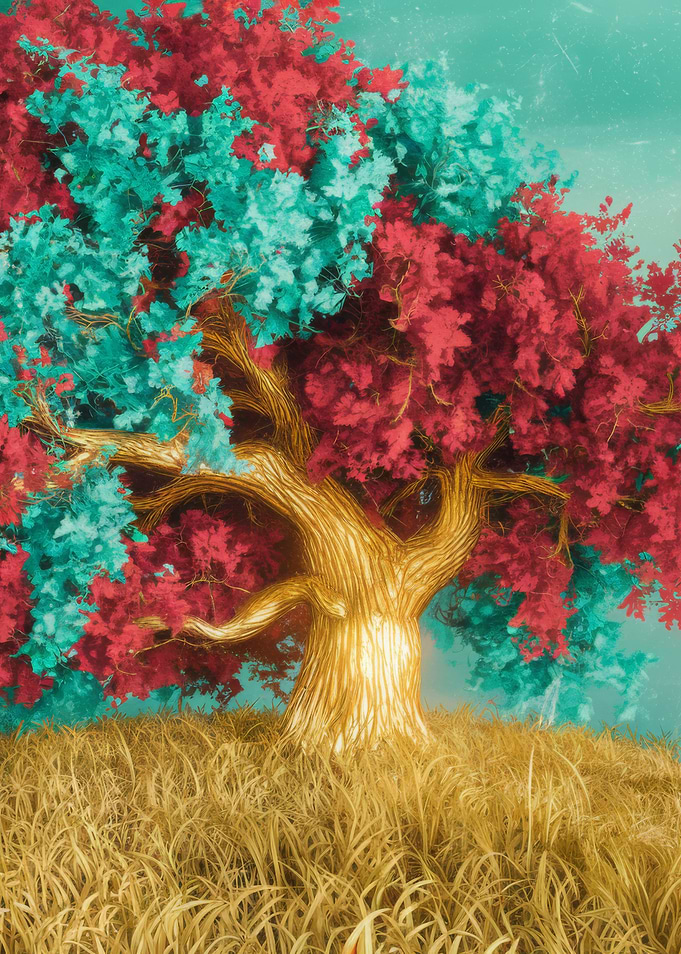 Colorful Tree in Golden Field