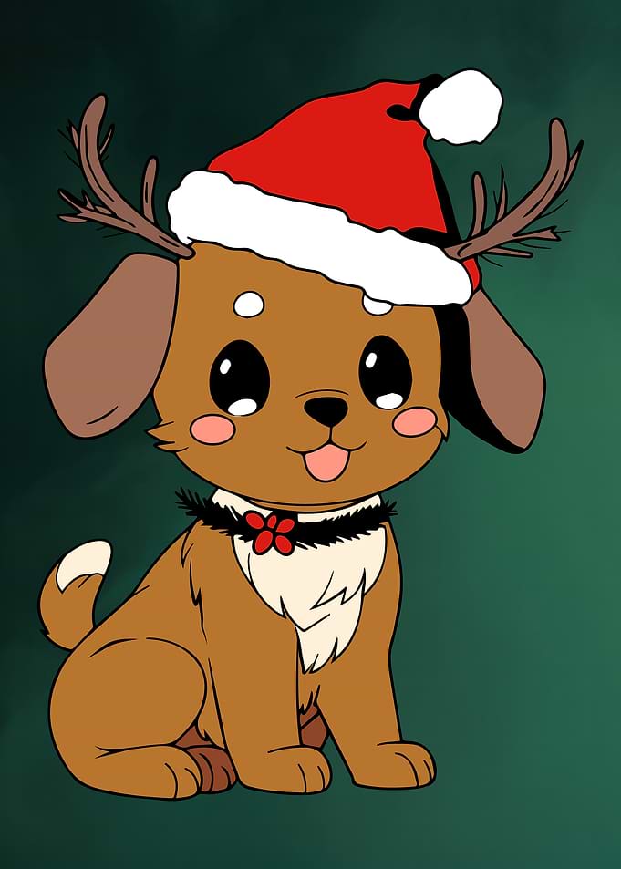 Cartoon Dog Reindeer with Santa Hat