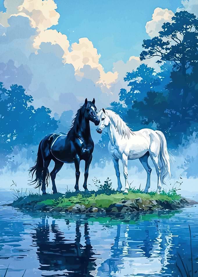 Black and White Horses on Island