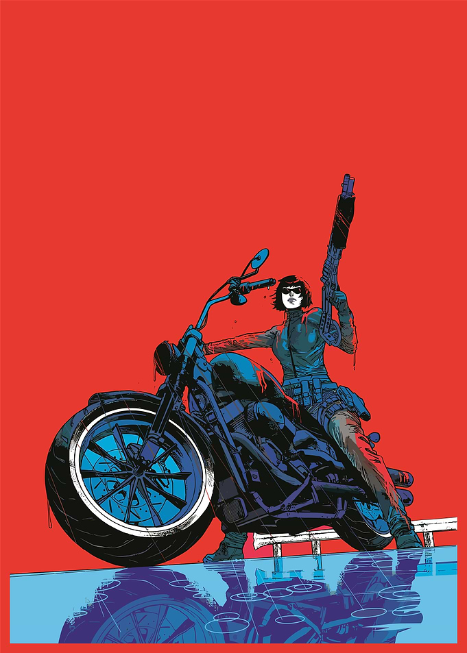 Motorcycle Rider with Rifle Comic Art
