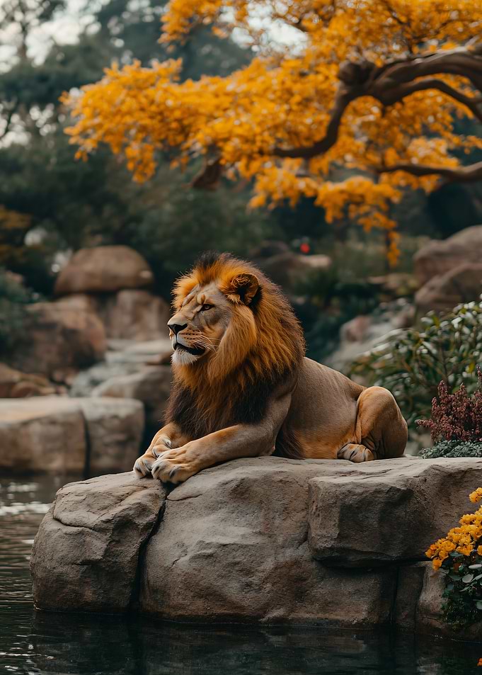 Lion Resting on Rock by Water