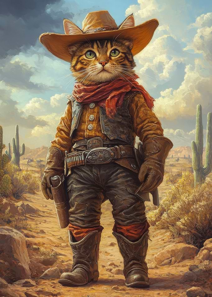Cowboy Cat in the Desert | Wild West Feline Art
