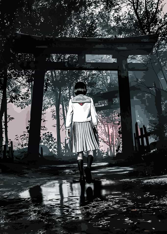 Schoolgirl at Torii Gate in Forest