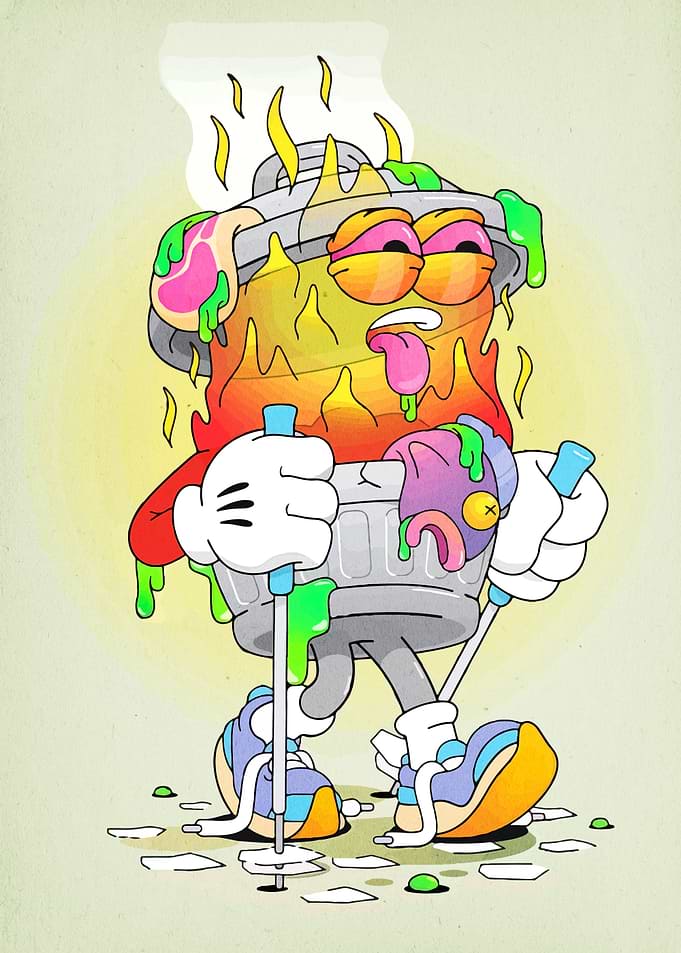 Anthropomorphic Trash Can Character Illustration