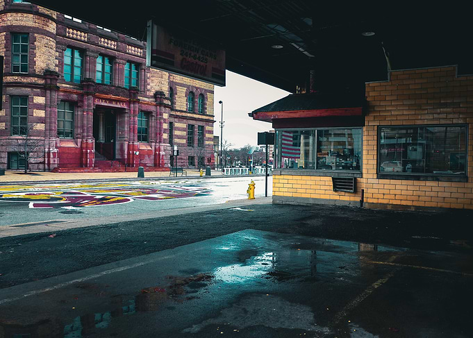 Cityscape with City Hall and Gas Station