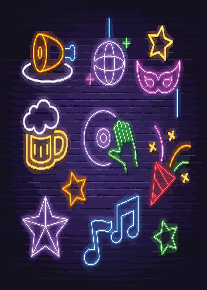 Neon Party Icons on Brick Wall
