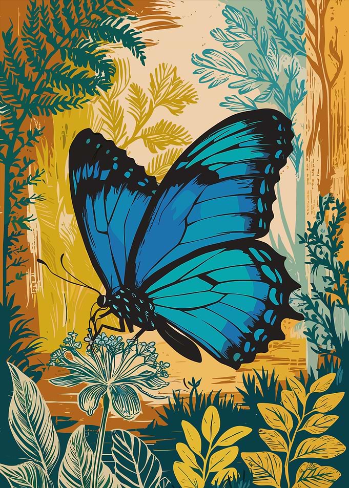 Blue Butterfly Botanical Illustration