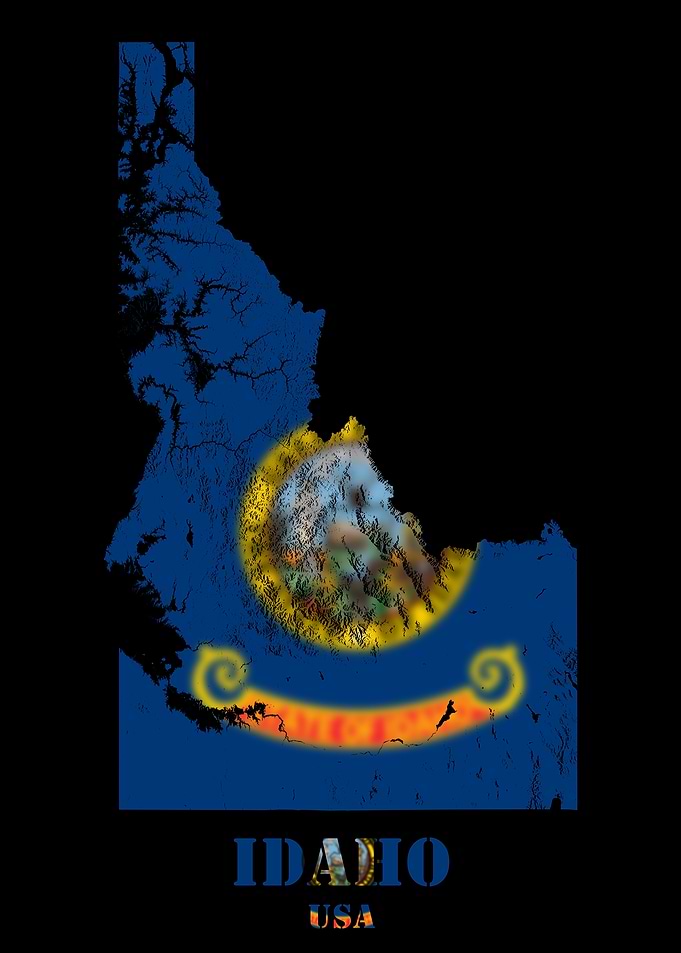 Idaho USA State Topographic Contour Relief Map blending terrain features into its emblematic colorful flag