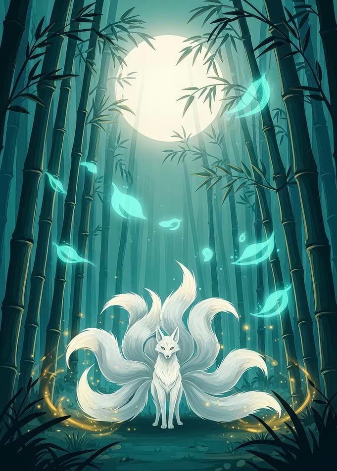 Nine-Tailed Fox in Bamboo Forest