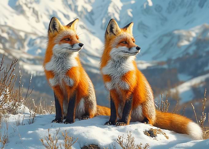 Two Foxes in Snowy Mountains