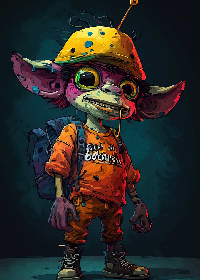 Cartoon Alien Character with Backpack