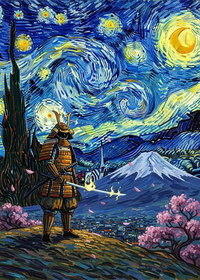 Samurai in Starry Night Style