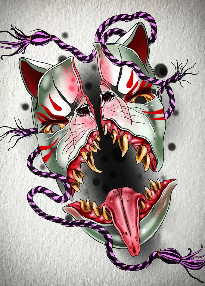 Split Kitsune Mask with Teeth and Tongue