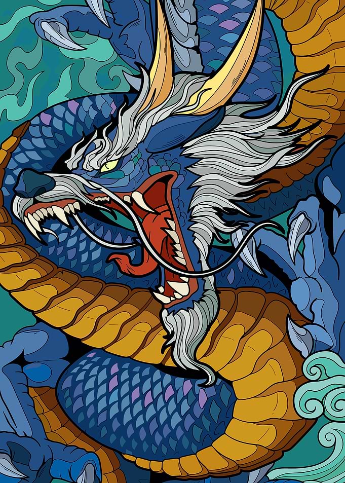 Blue and Gold Dragon Illustration