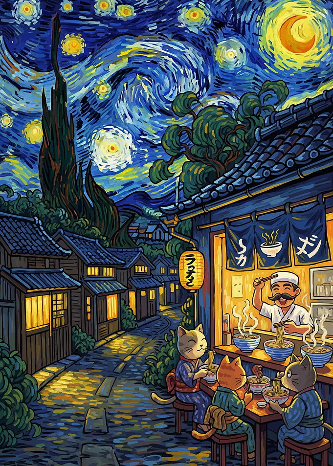 Cats Eating Ramen Starry Night