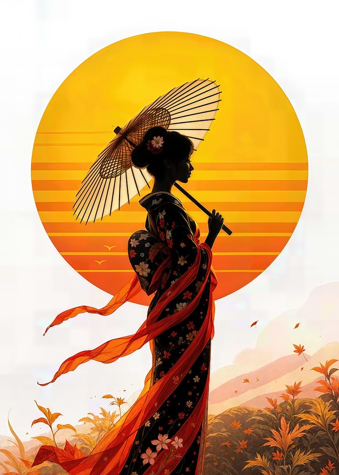 Geisha with Parasol and Sunset