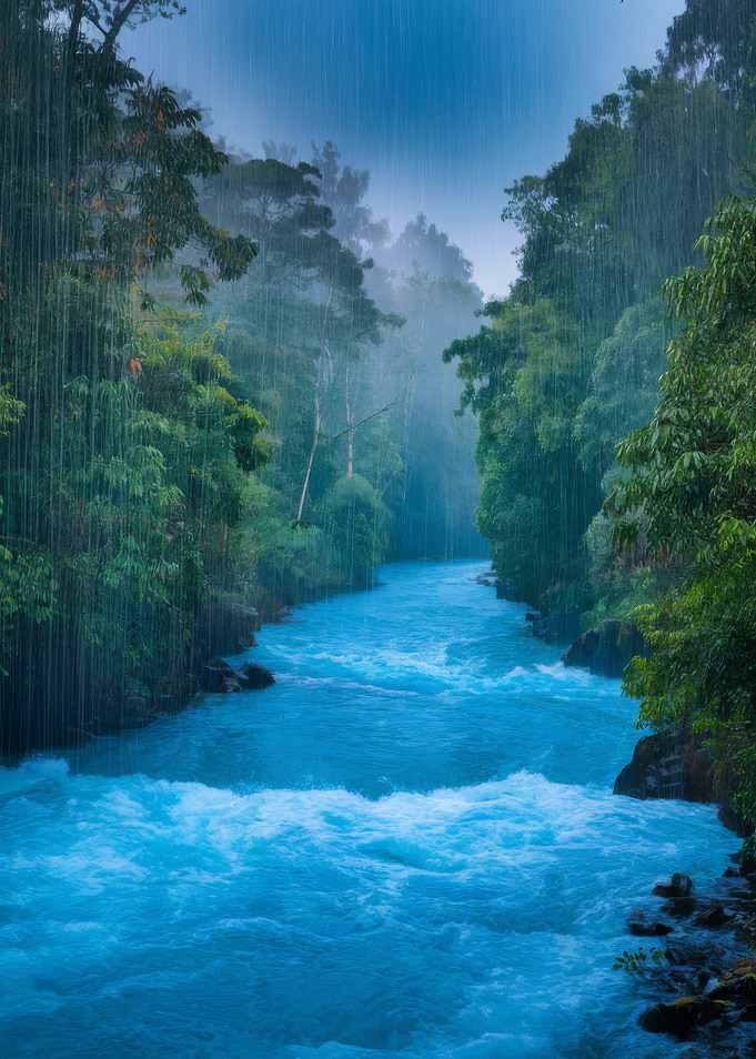 Rainy River in Lush Forest