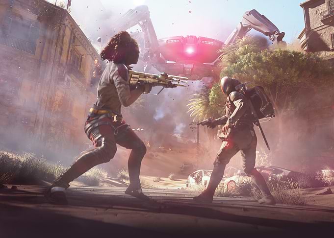 Futuristic Battle Scene with Giant Robot