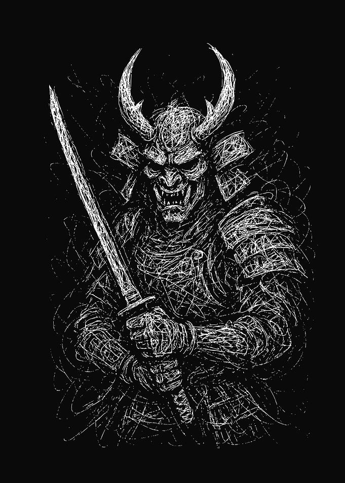 Samurai Demon Warrior Ink Sketch Scribble