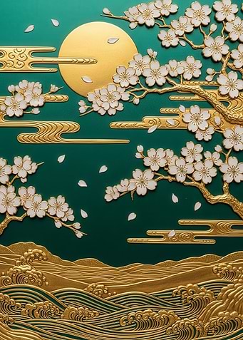 Cherry Blossoms Golden Waves