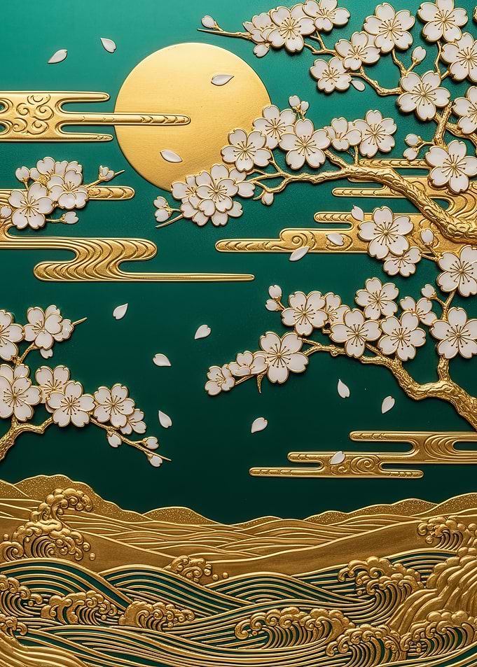 Cherry Blossoms Golden Waves