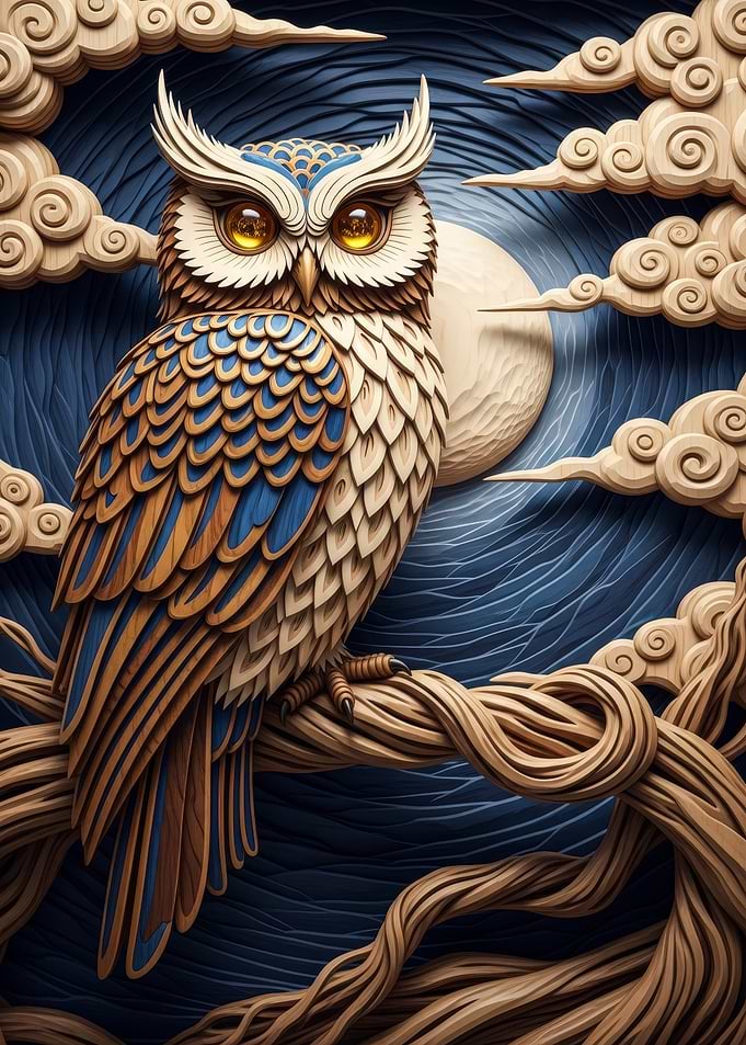 Owl Perched on Branch Under Moonlight