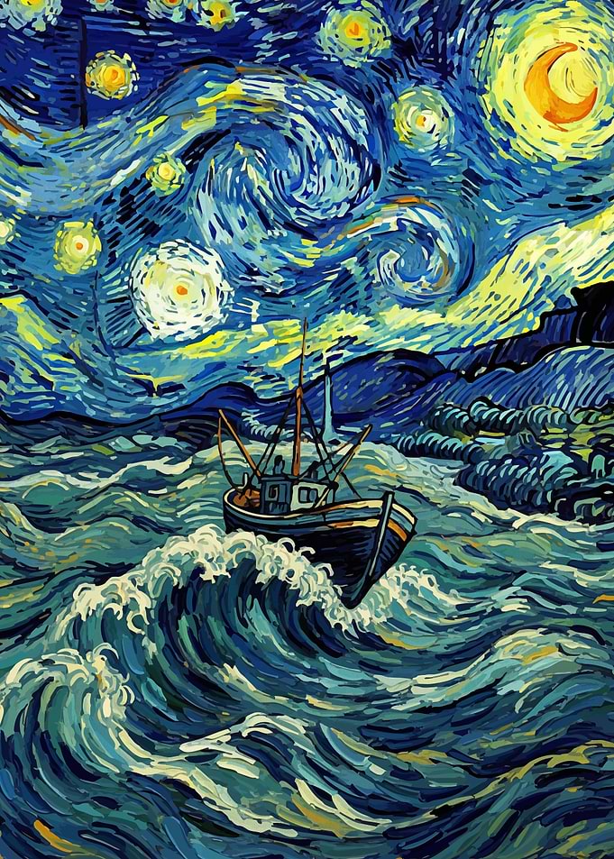 Boat Starry Night Painting