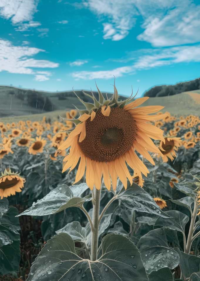 Sunflower field under a cloudy sky