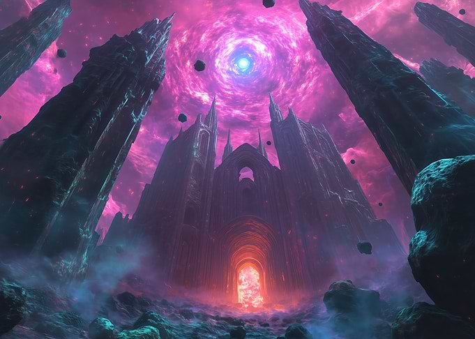 Cosmic mystical Cathedral Under Vortex Sky